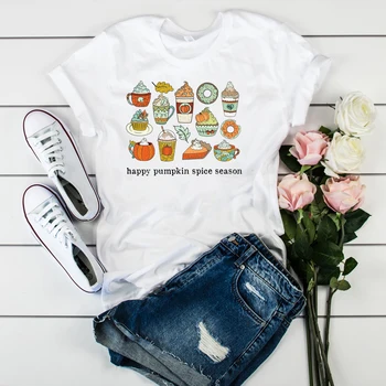 

Women Happy Pumpkin Spice Season Thanksgiving Halloween Fall Autumn Top Graphic Womens Tee Shirt Ladies Tshirt Female T T-shirt