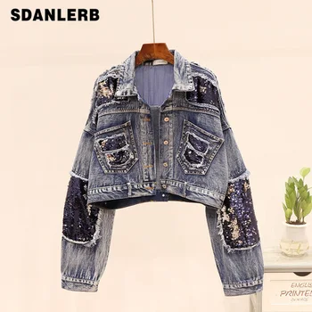 

2019 Autumn New Heavy Sequins Frayed Short Denim Jacket Women's Loose Jean Jacket Girl Student Streetwear Ripped Jean Coats