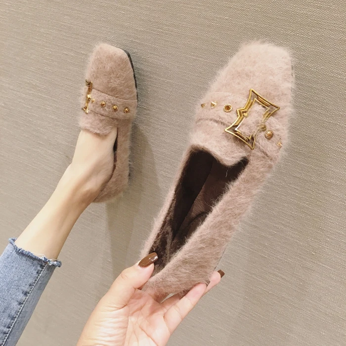 

2019 Women Shoes Loafers Fur Casual Female Sneakers Square Toe Shallow Mouth Autumn Dress Big Size New Fall Slip-On Solid Flat