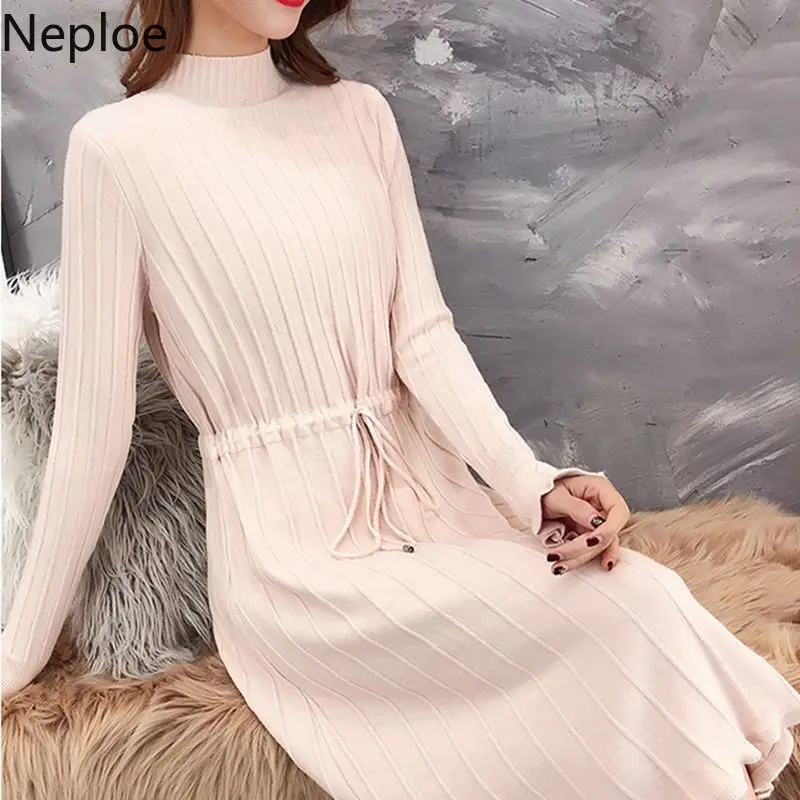 

Neploe Korean Autumn Winter News Crazy Style Loose Lace Up Wool Dress Fairy Ruffle Slim Waist Long Vestidos Knit Dresses 45577