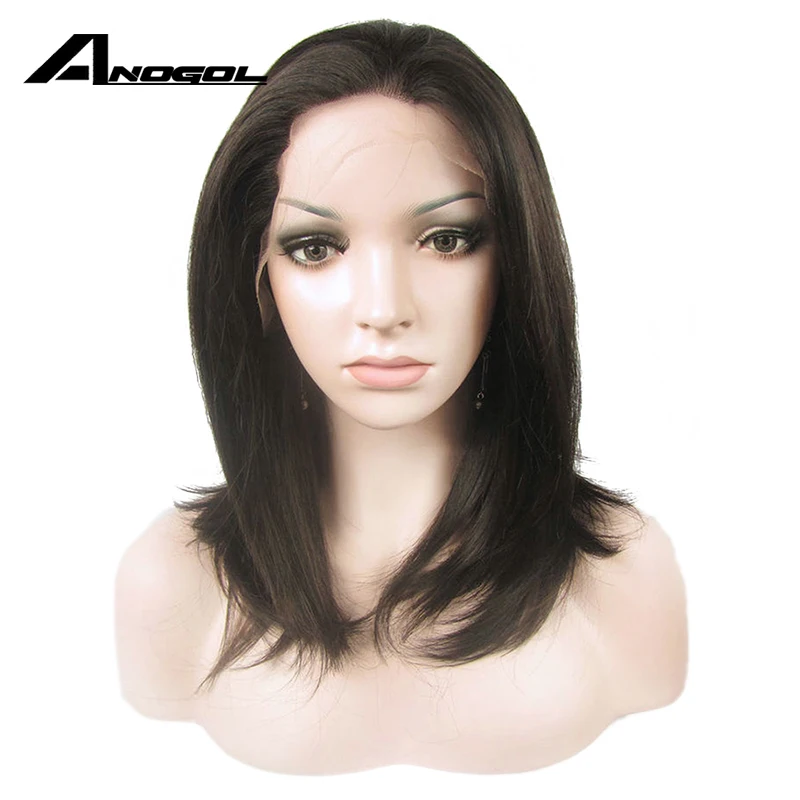 Anogol#2 темно-коричневый высокотемпературное волокно черный Средний Длина плеча прямой Боб Синтетический кружевной передний парик с бесплатной частью