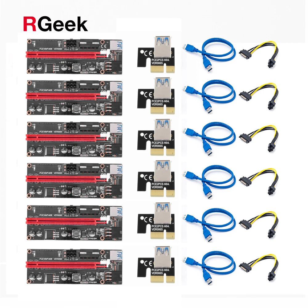 6 pçs mais novo ver009 usb 3.0 pci-e riser ver 009s express 1x 4x 8x 16x extensor pcie riser adaptador cartão sata 15pin para 6 pinos de alimentação