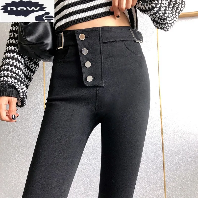 

Women Single Breasted High Waist Black Trousers Autumn New Fashion Slim Stretch Streetwear Punk Biker Pants Female S-XL