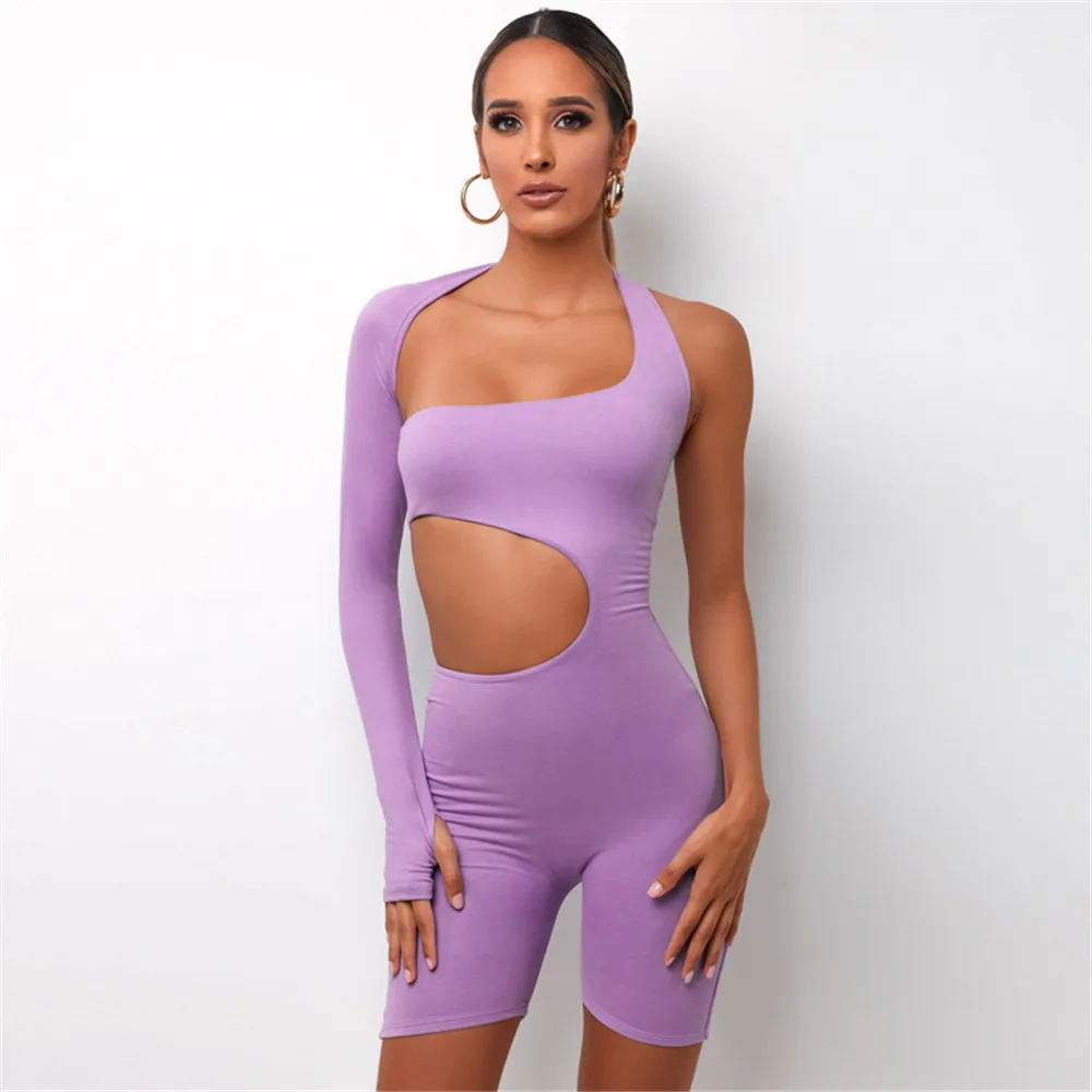 Athleisure Casual Active Wear Playsuit Women Rompers Sexy Hollow Out Bodycon Jumpsuit Shorts One Sleeve Bodysuits Ropa De Mujer 4