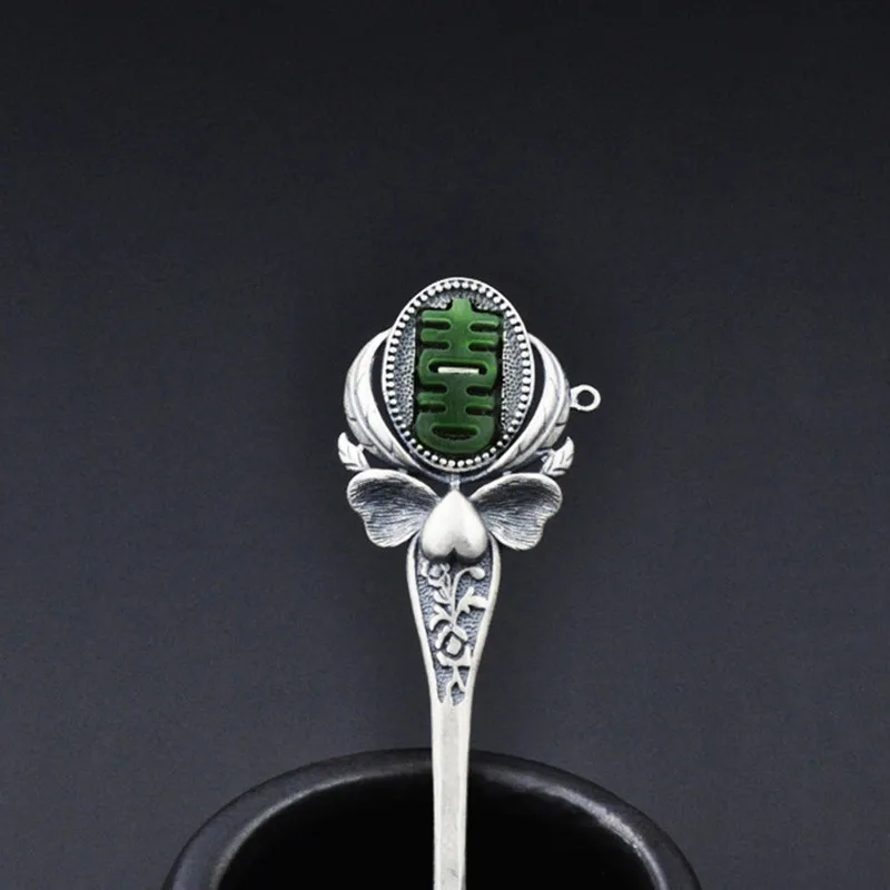 

925 Sterling Silver Hi-Shaped Jade Hair Stick Chinese Style Retro Temperament Hair Accessories Fine Jewelry