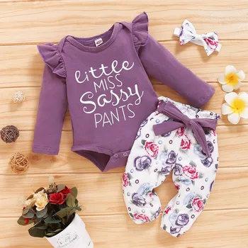 

Baby Girl Romper Set Autumn Baby Girl Long Sleeve Letter Print Romper Tops+Floral Pants+Headband 3pcs/Set Infant Clothing Hot