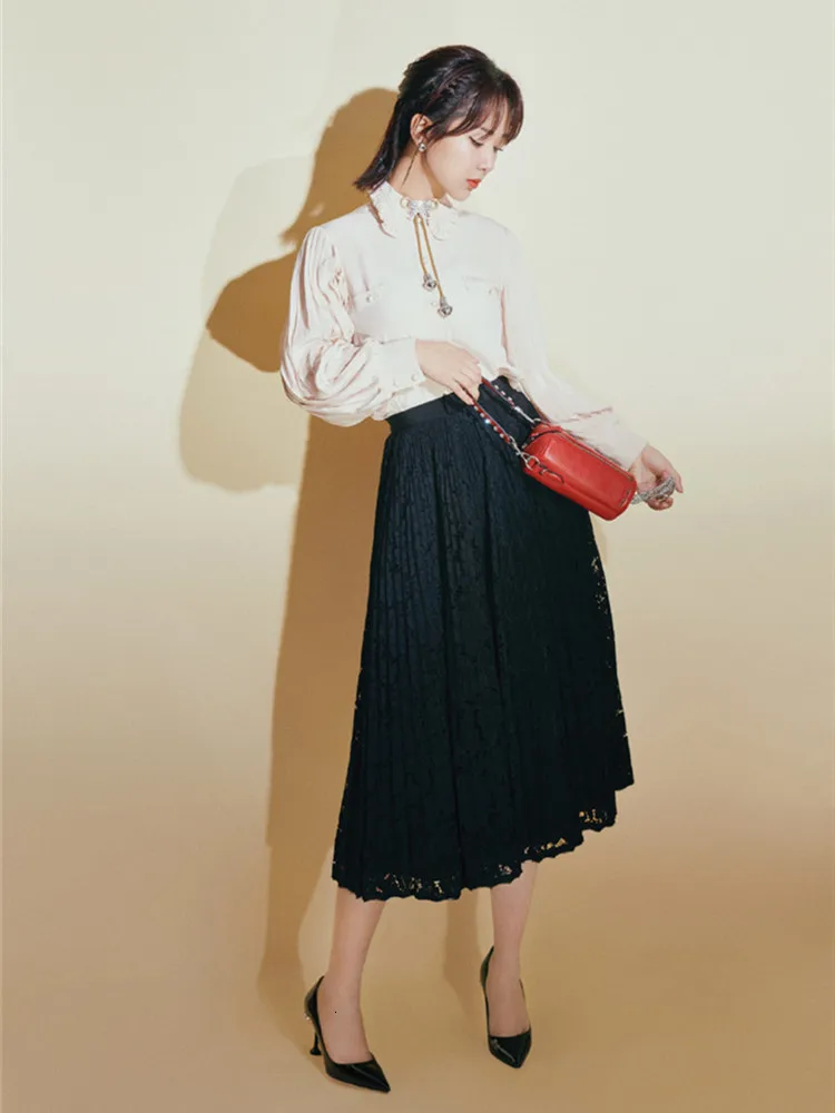 High Quality Black Lace Skirt Fall Women Hollow Out High Waist Pleated Midi Skirt Halloween Long Black Skirt for Women