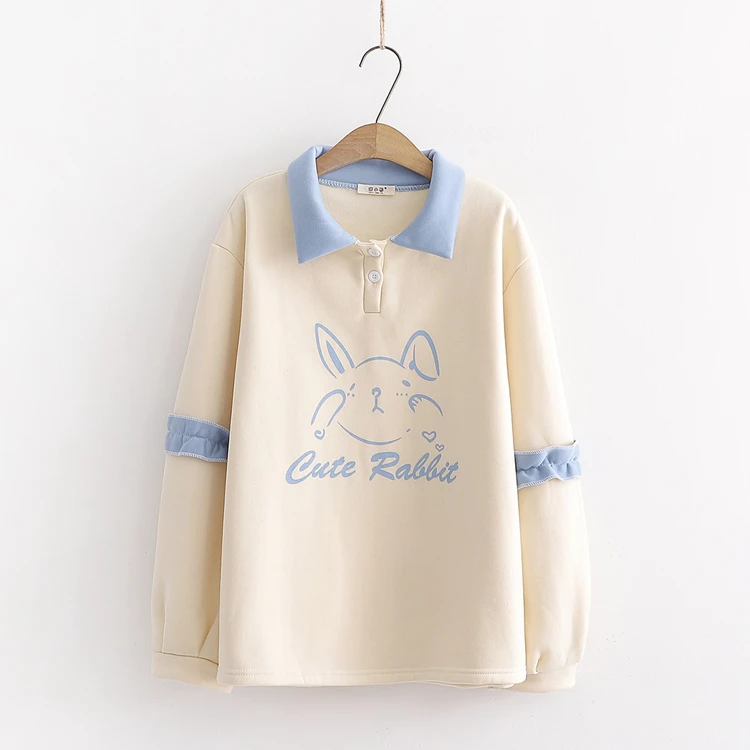 Merry Pretty Women's Cartoon Rabbit Print Cute Hoodies Sweatshirts Winter Warm Ruffles Patchwork Turndown Collar Pullover - Цвет: Apricot