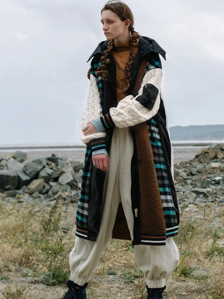 

Original Design AIGYPTOS Autumn Winter Women Casual Loose Long Down Hooded Personality Plaid Wool Patchwork Jacket Woolen Coat