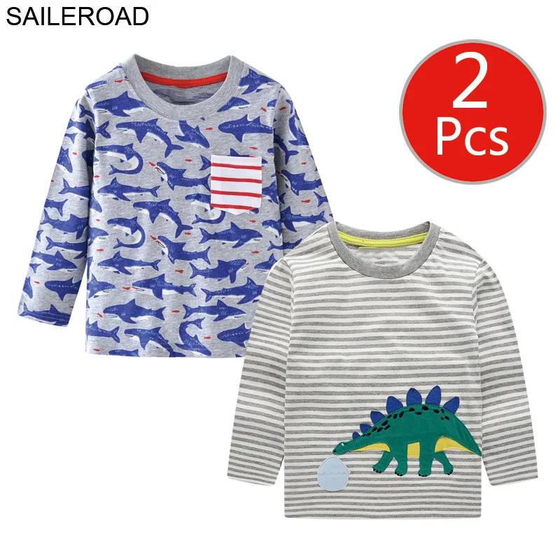 SAILEROAD 2 Шт. Мультфильм Динозавров Детские Футболки Хлопка Мальчик с Длинным Рукавом Одежда Осень для Детской Одежды Детей Топы Рубашка