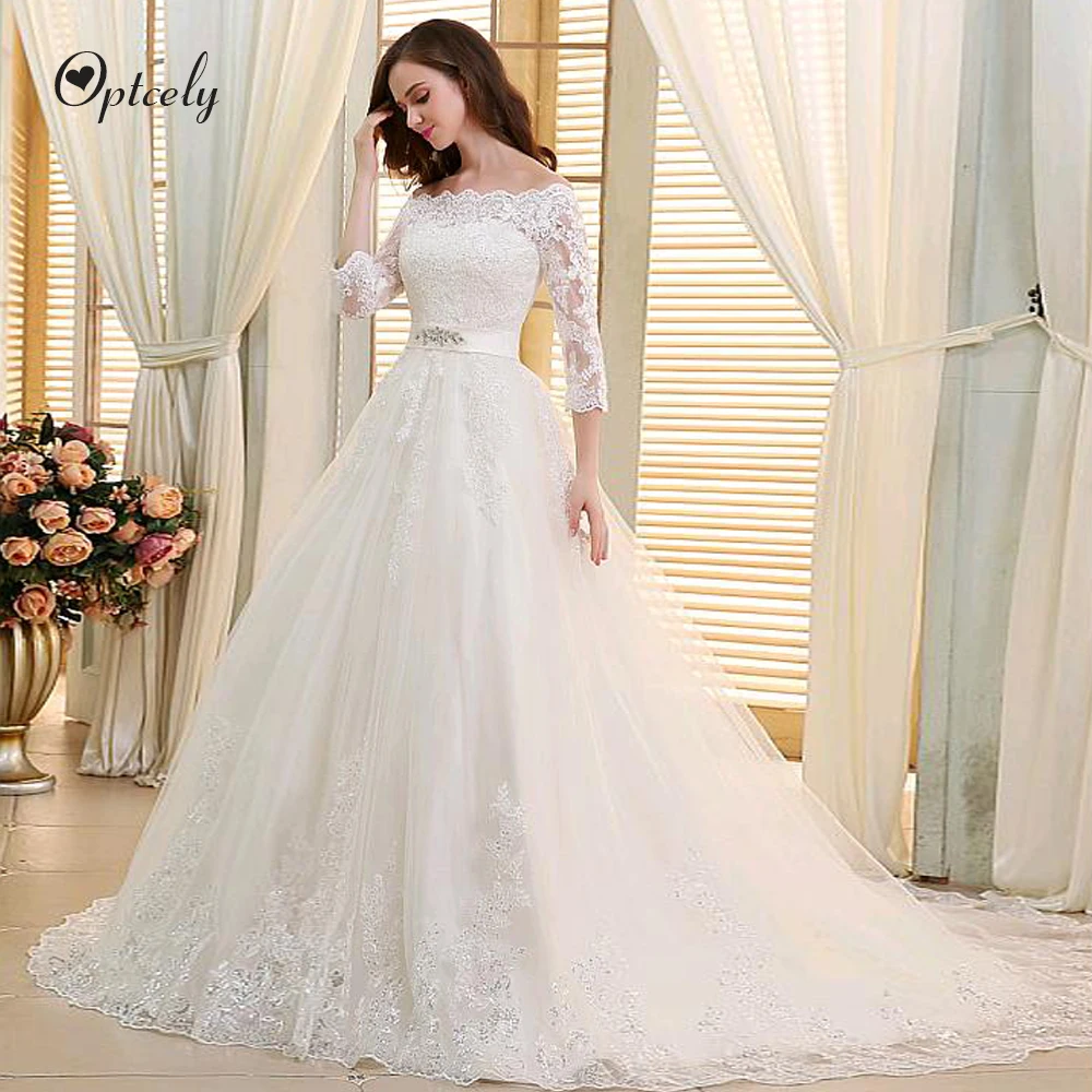Optcely Robe De Mariee винтажное свадебное платье трапециевидной формы с вырезом лодочкой и блестками, три четверти мусульманские платья принцессы для невесты с аппликацией