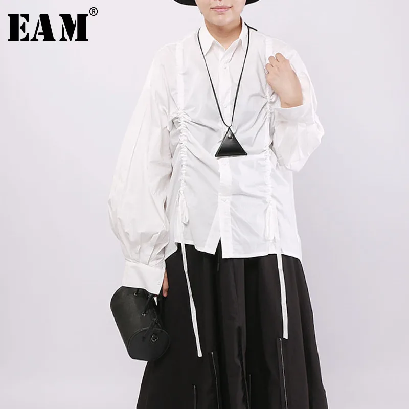 

[EAM] Women Drawstring Pleated Split Joint Blouse New Lapel Long Sleeve Loose Fit Shirt Fashion Tide Spring Autumn 2019 1A802