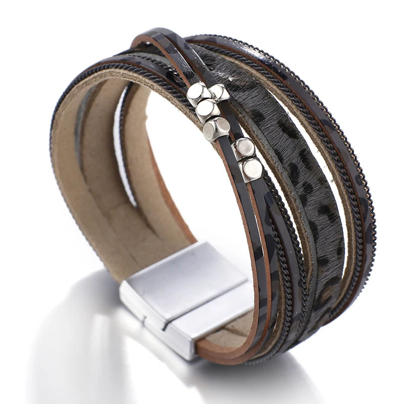 ALLYES Леопардовый кожаный браслет Женская мода металлическая трубка женские широкие богемные многослойный кожанный браслет леопардовые браслеты