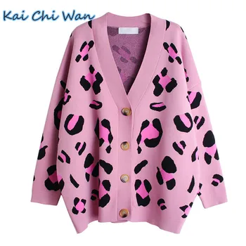 

Kai Chi Wan Vintage single breasted reduced age leopard V-Neck Sweater loose and versatile cardigan jacket trend