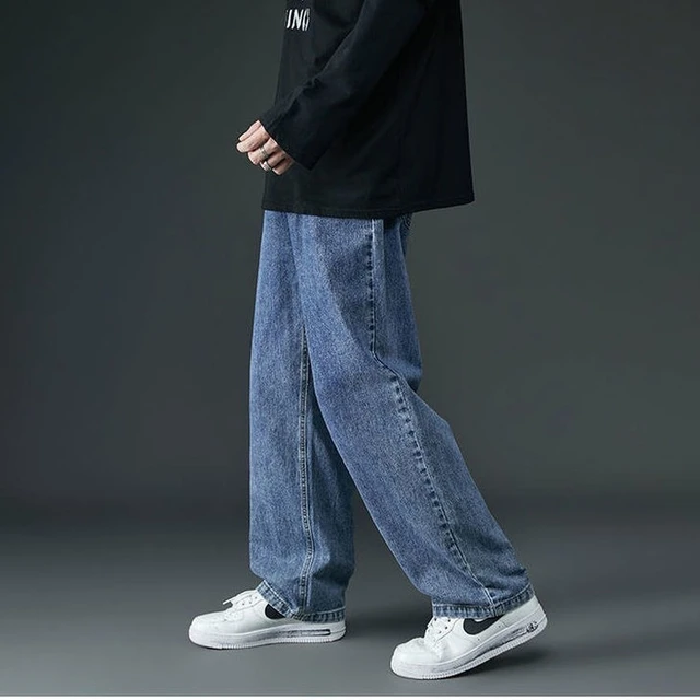 Straight Jeans Men Blue Loose Denim Trousers Neutral Streetwear