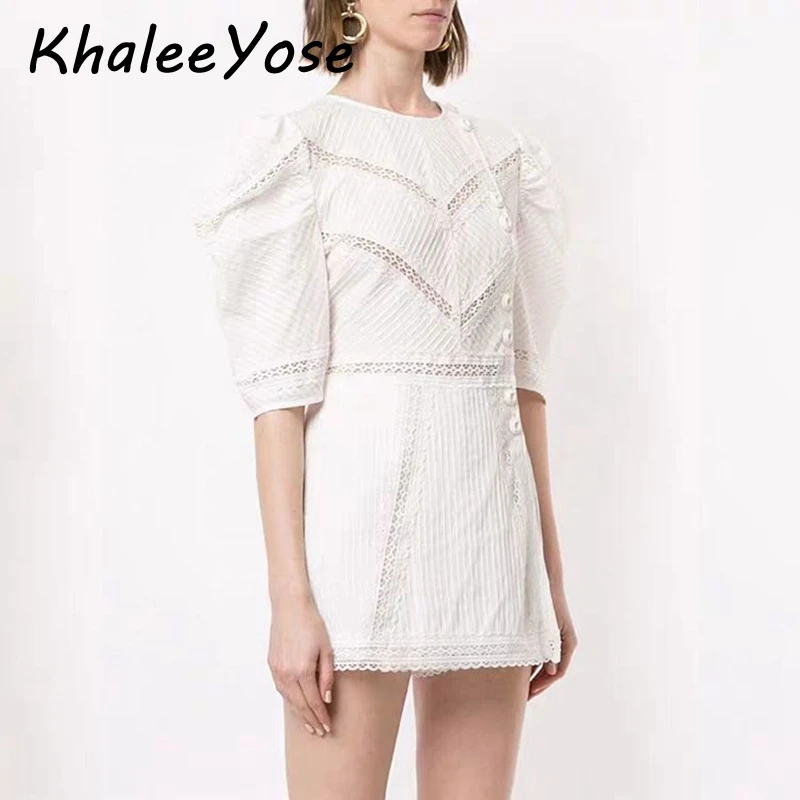 KHALEE YOSE белый кружевной комбинезон с вырезом Высокая уличная мода с пышными рукавами Лоскутная кнопка спереди комбинезоны комбинезон