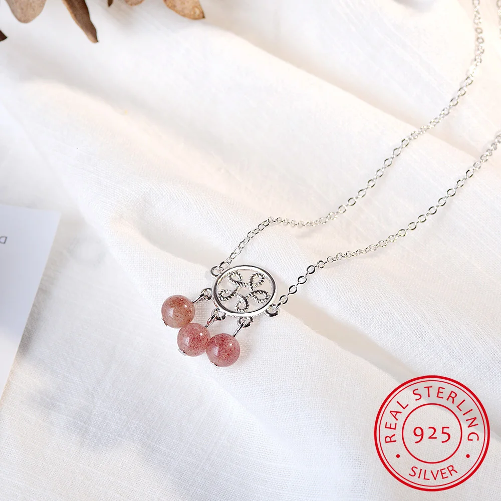925 Sterling Silver Dreamcatcher Tassels Necklace& Pendant Strawberry Crystal Accessories For Women Sterling Silver Jewelry