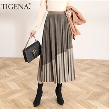 Женская длинная плиссированная юбка TIGENA, юбка макси с высокой талией Контрастный цвет для женщин на осень-зиму