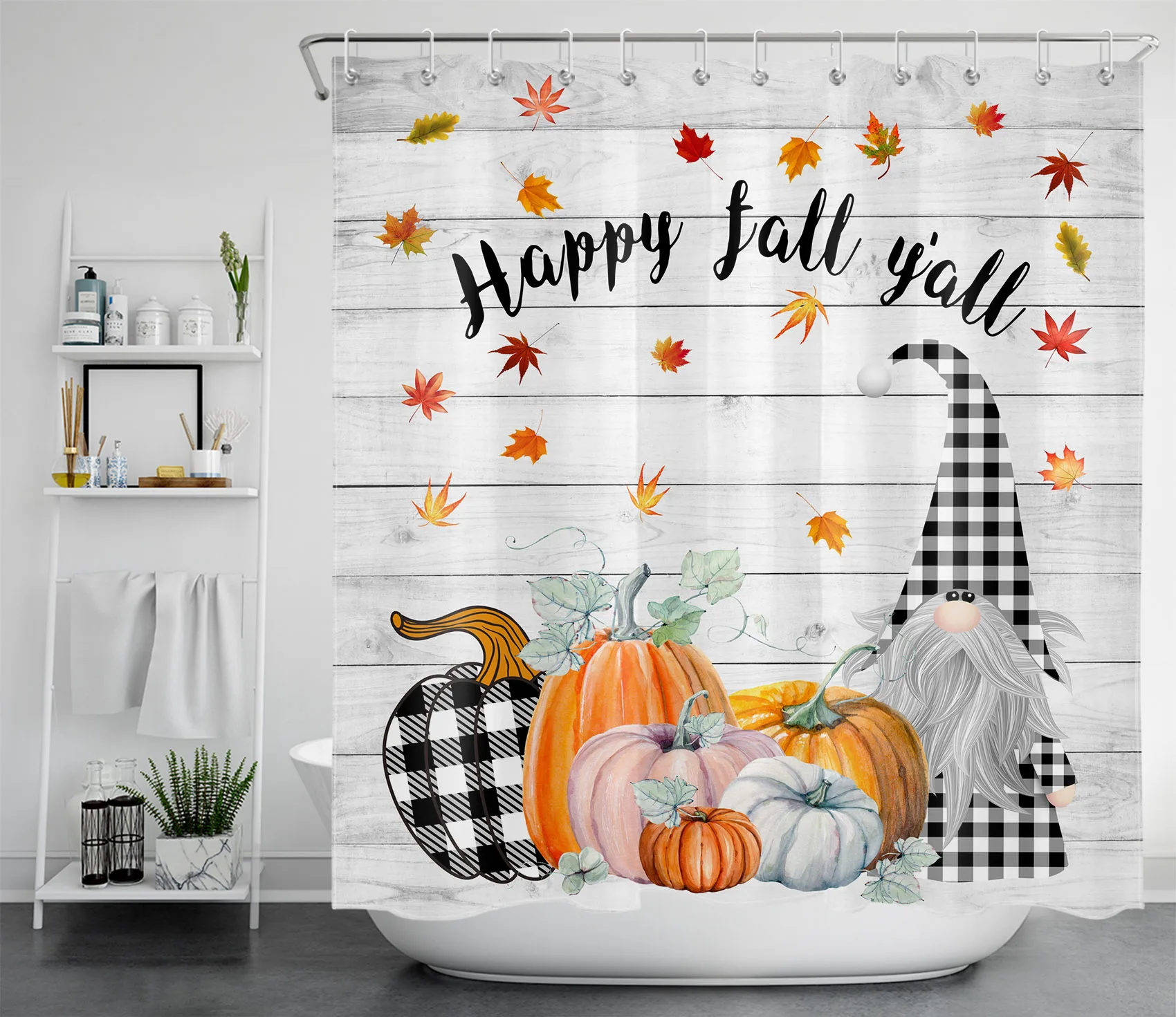 Thanksgiving Watercolor Pumpkins Wood Plank Waterproof Fabric Shower Curtain Set 