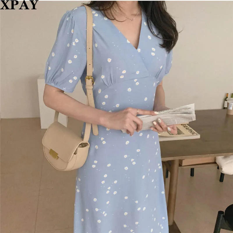 

2020 Summer Short Sleeve A-Line Dress Elegant V-Neck Daisy Printed Long Dresses Casual Lace-Up Lady Vestidos Femme Dress