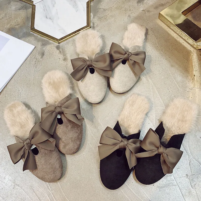 

Cover Toe Shoes Women Ladies' Slippers Loafers Flock Luxury Slides Butterfly-knot Low Heeled Mules Soft Designer 2019
