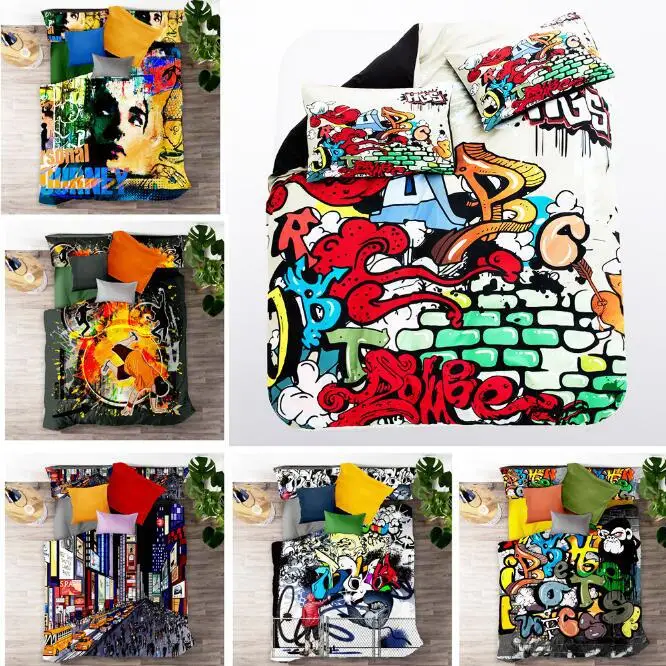 

3D Hip-hop graffiti Printed Bedding Set Adult Kids Popular Duvet Cover Set Pillowcase Twin Full Queen King Bed Linens