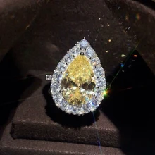 925 пробы серебряное супер большое кольцо в форме капли с желтым бриллиантом, роскошное женское обручальное кольцо, 18k платиновое покрытие, S925 чистое настоящее серебро, кольца