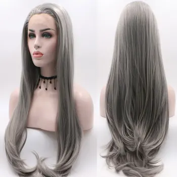 

BM Synthetic 13*3 Lace Front Wig Silver Grey Straight Heat Resistant Fiber Hair Natural Hairline Free Parting For Women Wigs