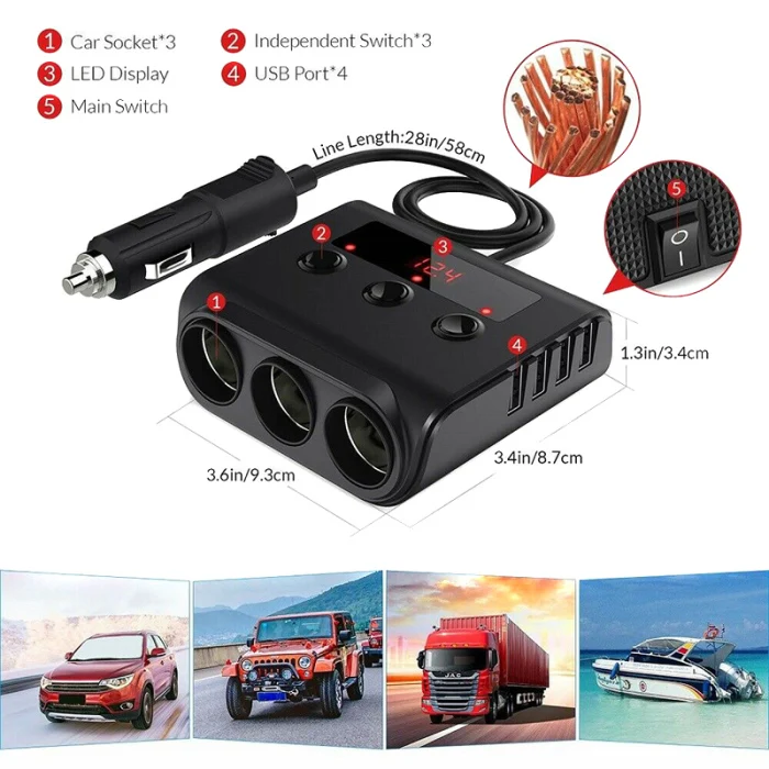 Автомобильное зарядное устройство, 4 usb порта для зарядки, адаптер питания с переключателем, безопасная защита NC99