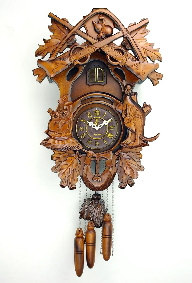 

New Reative European Northeast Tochigi Cuckoo Clock Solid Wood Cuckoo Living Room Wall Clock Hour Light Control Wall Clock