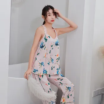 

Chiffon Home Clothes Summer Newest Sexy Suspender Long Trousers Printing Pajamas Home Suit Female Strap Printed Women Pajamas