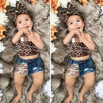 

Infant Baby Girl Tops Leopard Sling Denim Dhorts Headband Outfit Clothes 3pcs