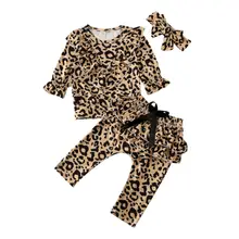 Новая детская одежда для маленьких девочек, леопардовая футболка, штаны с оборками, комплект из 3 предметов, спортивный костюм