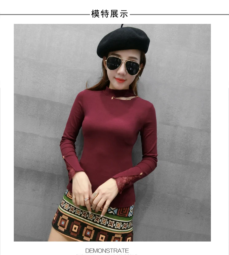 Autumn Solid T-shirts Women Hollow Out With Necklace Lace Embroidery Stretchy Tops Bottoming Long Sleeve Camiseta Mujer T99292