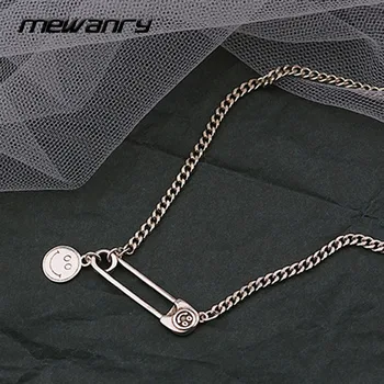 Mewanry 925 Sterling Silver Sweater Necklace for Women Fashion Vintage Party Creative Pin Smiley Pendant Jewelry Birthday Gifts