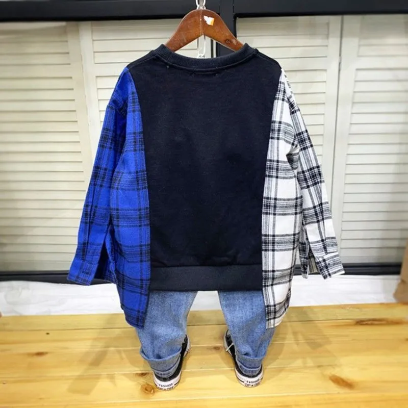 Spring New Boys Hoodie Plaid Cotton Kids Clothing Long Sleeve Casual Patchwork Girls 4 5 6 7 8 9 10 11 12 13 14 Years