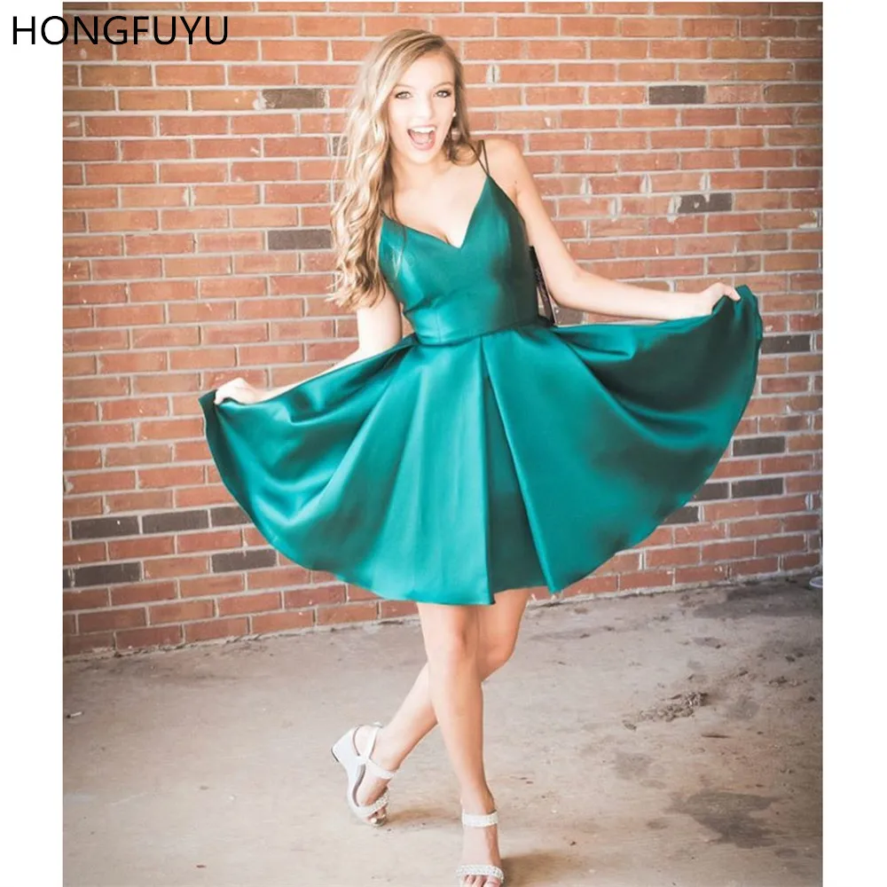 

HONGFUYU Short Satin Homecoming Prom Dresses Sleeveless A Line Double Straps Party Gowns Emerald Women's Special Occasion Dress
