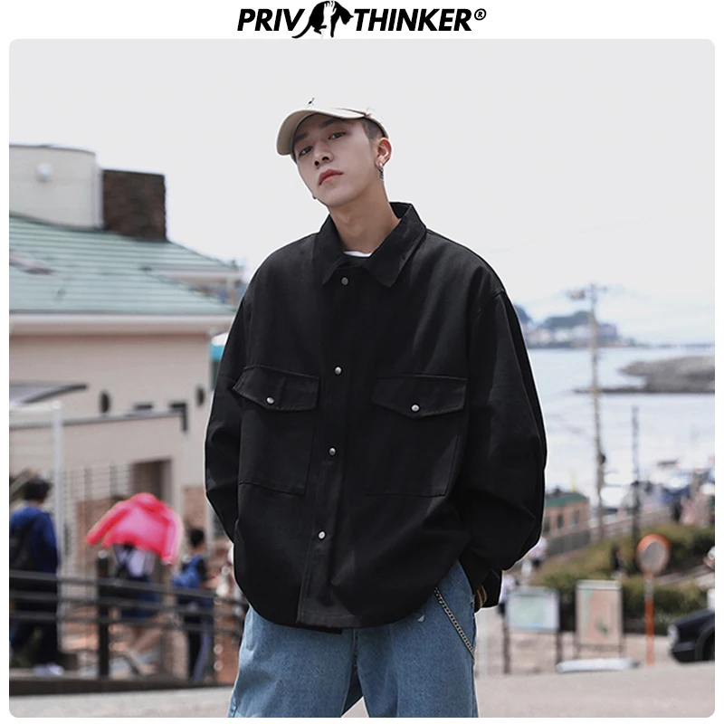 Мужская куртка Privathinker черная Свободная с большими карманами в Корейском стиле