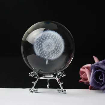

FengShui Crystal Home Decor 3D Laser Engraving Crystal Dandelion Ball Glass Sphere Global Home Ornament Accessory Christmas Gift