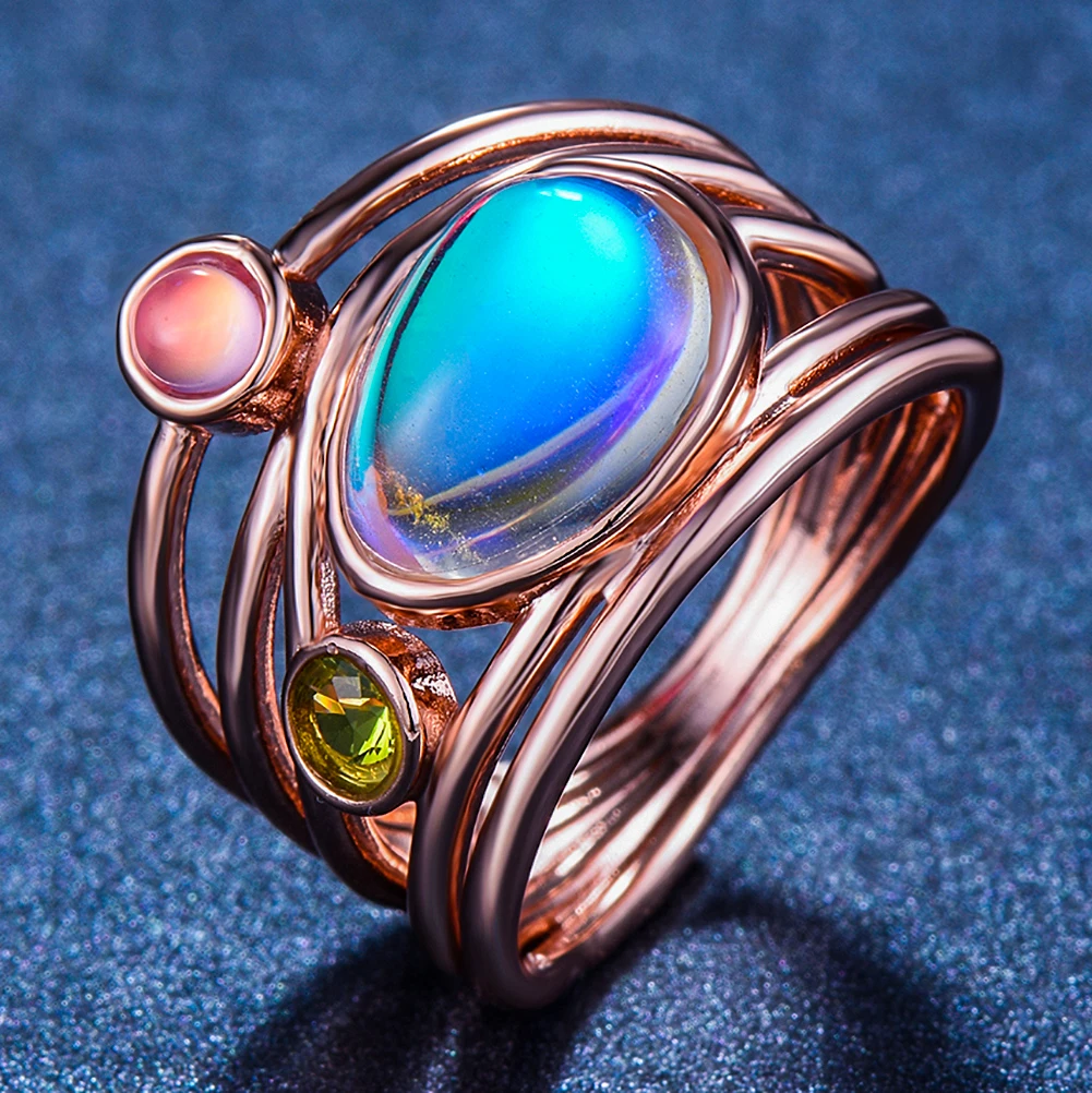 Rose Gold Boho женское большое кольцо из лунного камня серебряное розовое золото цвет обручальные кольца ювелирные изделия обещают обручальные кольца для влюбленных для женщин - Цвет основного камня: Rose Gold