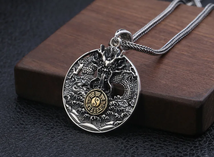 s4239(批发925纯银男士做旧镂空圆吊牌泰银九宫八卦腾龙挂坠流行饰品