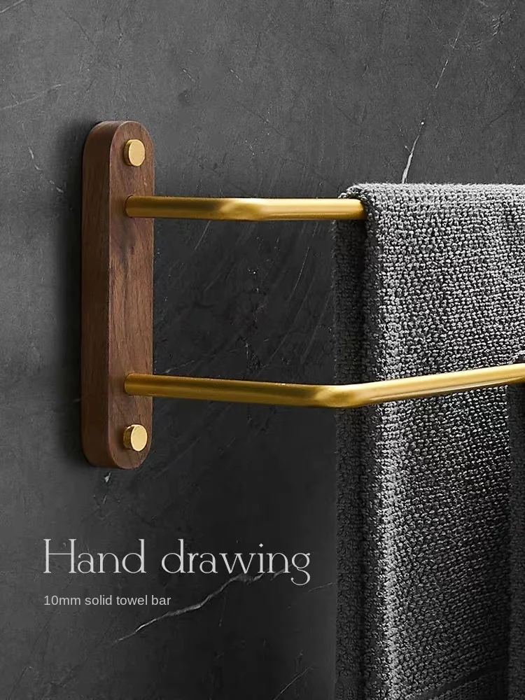 Black walnut bathroom towel hanger Bath towel rack multistory shelf wood rod aluminium alloy shelf brushed gold