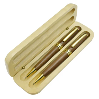 

One Set Ball Point Pens With Case 2 Nature Walnut Wood Ballpens And Nature Maple Wood Pencil Case Set Office Writing Material