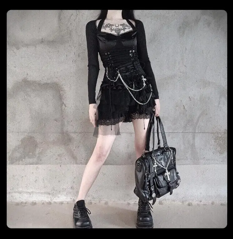 Gothic Dark Style Pleated Large Bow Design Heart Buckle Decoration Lolita Hand Chain Bag