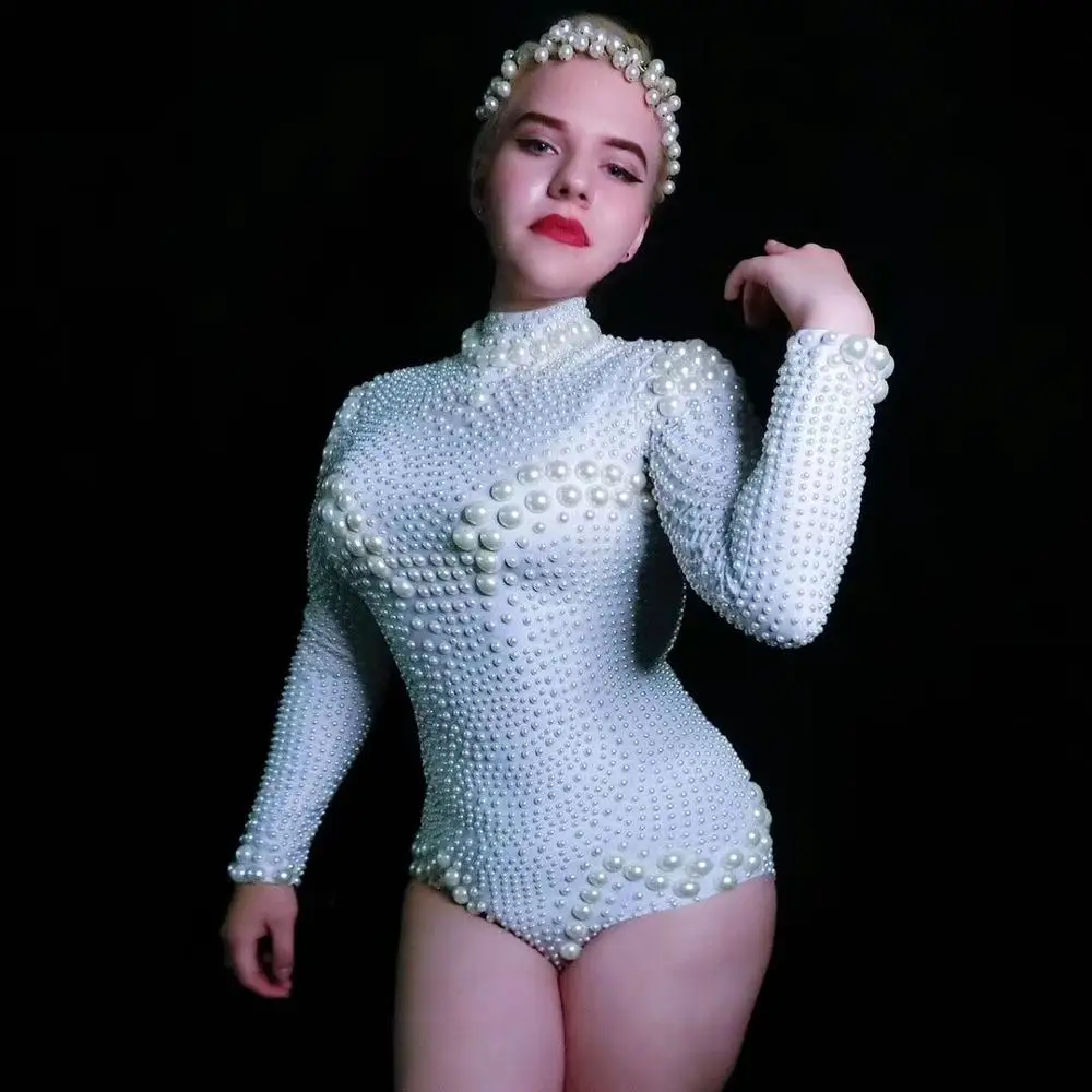 Белый бисер длинный рукав стрейч боди жемчуг эластичный облегающий боди сексуальный бар ночной клуб певец танцор DJ костюм