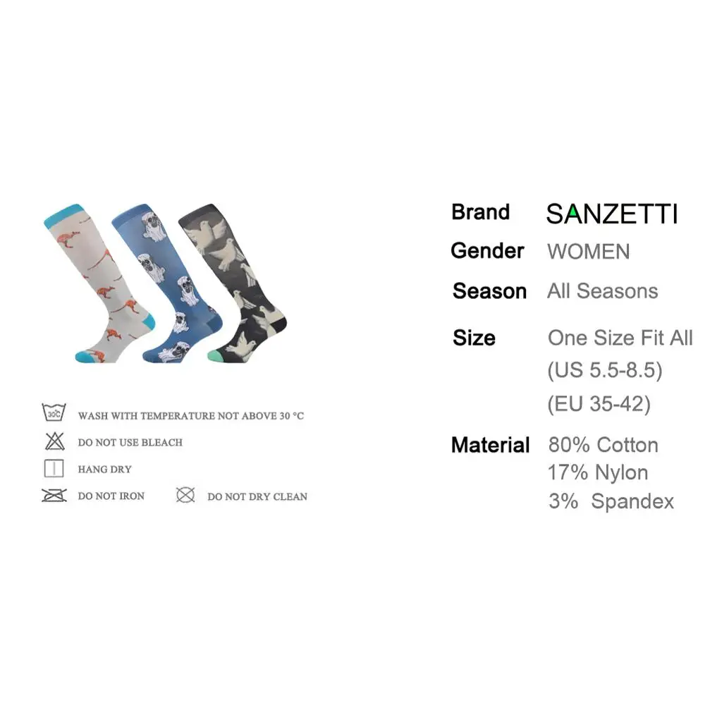 SANZETTI/3 пары в партии, женские эластичные компрессионные хлопковые носки с животным рисунком, гольфы ниже колена, Длинные Веселые носки с защитой от усталости