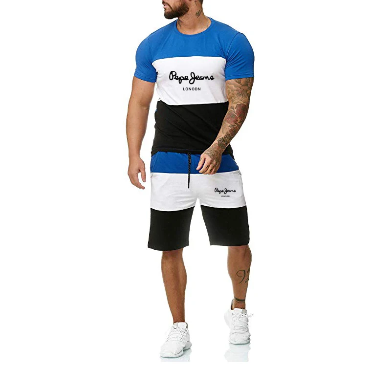 En venta Conjunto de camiseta y pantalones cortos deportivos de algodón para hombre, traje de secado rápido informal para correr, manga corta, 2 piezas, novedad de 2021 531y0KG1GdV