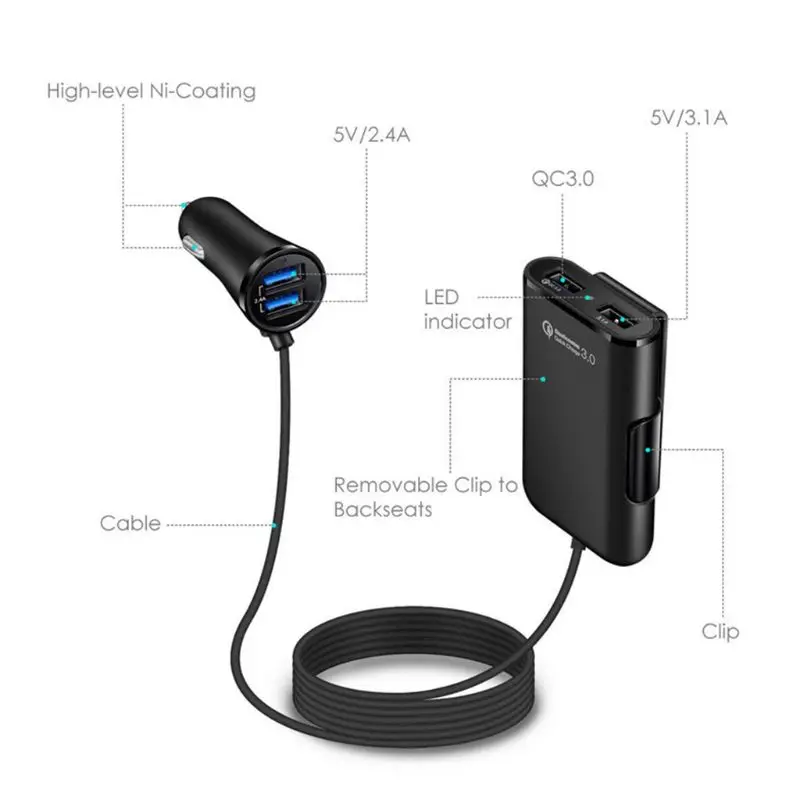 Универсальное автомобильное зарядное устройство с 4 usb-портами, Передняя Задняя часть сиденья QC3.0, быстрая зарядка для телефона