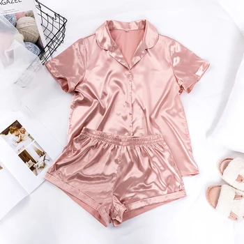

5 Colors Satin Nightshirt With Shorts Nightwear Suit Silk Pyjama Short Sleeve Casual Pajama Sets Women Sleepwear Summer