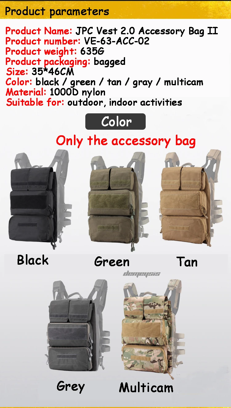 Outdoor Hunting Vest Bag JPC Tactical Vest Zipper-on Pouch Bag Military Airsoft Shooting Vest Zip-on Panel Bag Backpacks